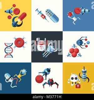 Smart Digital robots médicaux nano objets concept simple télévision couleur collection icon set, isolé, soins de pilules et d'implants d'ADN Illustration de Vecteur