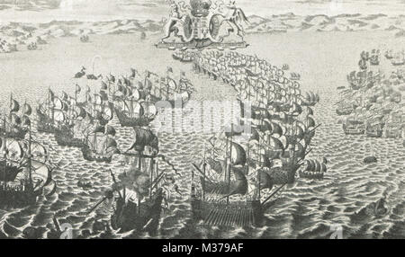 La flotte anglaise s'engager l'Armada espagnole, 1588 Banque D'Images