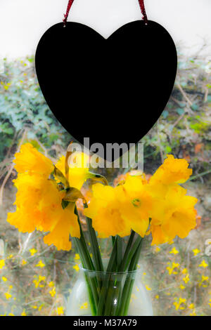 Craie en forme de coeur (un message de choix pourrait être ajoutée), suspendu par une fenêtre, donnant sur un mur de pierre, accompagné par une bande de jonquilles. UK. Banque D'Images