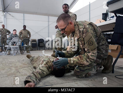 Msg. Kevin Hoover, un officier du rang de la logistique avec le 316e Corps expéditionnaire (Commande de soutien), une unité de réserve de Pittsburgh, Pa., donne le Sgt. 1re classe Anthony argile, une buanderie et de bain spécialiste à la 316e ESC, un pharynx nasal au cours d'un combat aérien Gareautrain Cours donné à Fort Hood, TX., 25 octobre 2016.(U.S. Photo de l'armée par le Sgt. Christopher Bigelow) 161025-A-PF724-144 par 316E ESC Banque D'Images