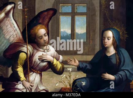 Annonciation 1550 Diogo de Contreiras 1521-1563 16th-siècle Portugal, Portugais ( Eglise de Sao bras, Palais épiscopal de Campanario ) Annonciation, bénie, Vierge Marie, l'annonce par l'ange Gabriel, Marie qu'elle concevrait, porter un fils par une naissance vierge, devenir la, mère de Jésus Christ, Messie chrétien et fils de Dieu, Incarnation, Banque D'Images