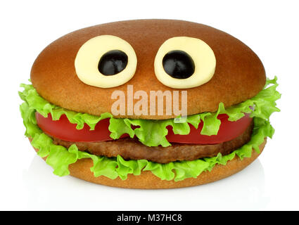 Funny Big hamburger au fromage et le poulet avec les yeux escalope sur fond blanc Banque D'Images