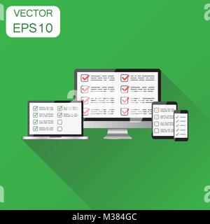 Enquête en ligne, liste de contrôle avec l'icône de l'ordinateur. Concept d'ordinateur, tablette, mobile pictogramme. Vector illustration sur fond vert avec de longues sh Illustration de Vecteur