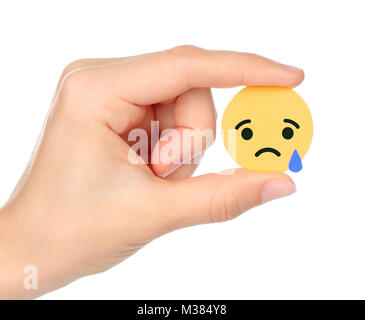 Kiev, Ukraine - 04 septembre 2017 : Facebook triste Réaction Emoji empathique, imprimée sur papier. Facebook est un réseau social bien connu se Banque D'Images