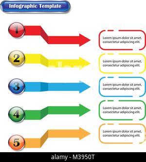 Vector Illustration Infographie modèle conçu en tant que cinq différents boutons brillant de couleur et des flèches avec du texte. Utile pour l'entreprise et de l'éducation. Illustration de Vecteur