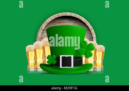 St Patricks Day chapeau leprechaun et verres isolé sur fond vert, vue de face. 3d illustration Banque D'Images