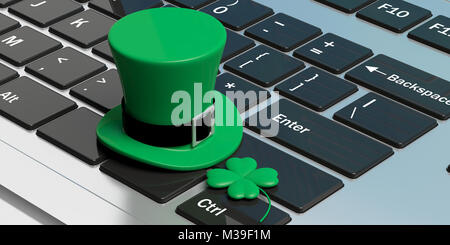 St Patricks Day leprechaun chapeau avec trèfle à quatre feuilles sur le clavier de l'ordinateur. 3d illustration Banque D'Images