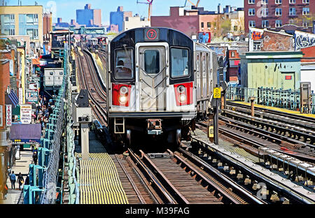 Photoshop une photo manipulée de l'élevé à l'approche d'un train de métro 7 station à Jackson Heights, dans le Queens à New York. Banque D'Images