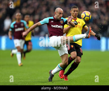 L'Richarlison et Watford West Ham United's Pablo Zabaleta bataille pour la balle durant le match de Premier League stade de Londres. Banque D'Images