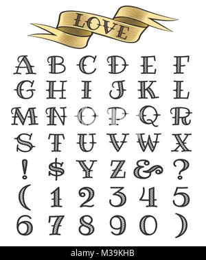 Ensemble de lettres et de chiffres style tatouage, alphabeth pour votre conception de tatouage. Illustration de Vecteur