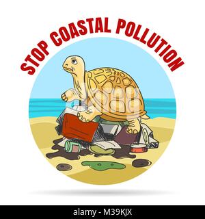 Arrêter la pollution en coastial emblème style cartoonesque. Triste tortue sur un tas d'ordures. Vector illustration. Illustration de Vecteur