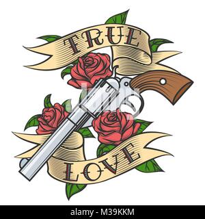 Revolver tatouage fleurs rose et avec amour. Vector illustration. Illustration de Vecteur