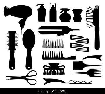 Ensemble prédéfini de coiffeur professionnel et matériel de coiffure coiffure ciseaux outils outils sèche-cheveux Peigne et épingle bouteille tube silhouette ve Illustration de Vecteur