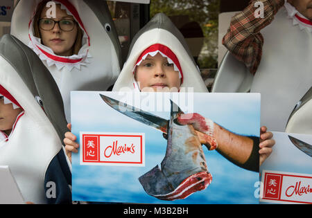 Hong Kong, Chine. 10 février 2018des militants de la faune, WildAid, organiser une protestation contre les maximes restaurant à l'Université de Hong Kong sur la poursuite de la vente de soupe aux ailerons de requin. La maxime de groupe restaurants de Hong Kong continuera à servir la soupe en grande quantité auprès d' elle sur leur Nouvel An chinois banquets. Les manifestants présents le manager de l'orifice de sortie, une lettre signée par plus de 250 scientifiques, locales et internationales de la conservation marine, le bien-être des animaux des groupes et citoyens concernés, dont Sir Richard Branson, Dr Ja Banque D'Images