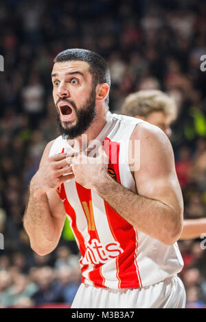 9 février 2018, Aleksandar Nikolic Hall, Belgrade, Serbie, l'Euroleague Basketball, Crvenz mts Zvezda Belgrade contre AX Armani Exchange Olimpia Milan ; Garde Branko Lazic de stade Crvena Zvezda Belgrade mts réagit pendant le match Banque D'Images