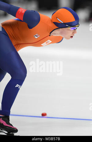 Pyeongchang, Corée du Sud. 10 fév, 2018. Antoinette de Jong des Pays-Bas fait concurrence au cours de la Ladies' 3000 m de patinage de vitesse à l'Ovale de Gangneung au Jeux Olympiques de 2018 à PyeongChang, Corée du Sud, le 10 février, 2018. Credit : Wang Haofei/Xinhua/Alamy Live News Banque D'Images