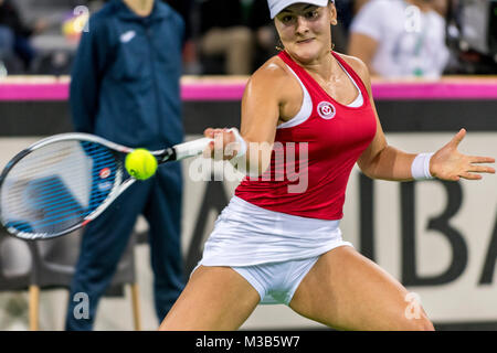 10 février 2018 : Bianca Andreescu (CAN) lors de la Fed Cup par BNP 2018 match entre la Roumanie et le Canada à La Sala Polivalenta, Cluj-Napoca, Roumanie ROU. Copyright : Cronos/Catalin Soare Banque D'Images