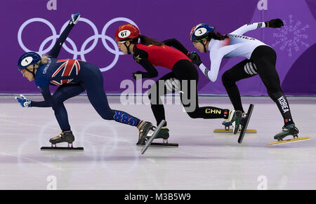 Gangneung, Corée. 10 fév, 2018. Elise Christie de Grande-Bretagne est en concurrence dans la Women's 500M de patinage de vitesse sur courte piste chauffe pendant les Jeux Olympiques d'hiver de PyeongChang 2018 à Gangneung Ice Arena le samedi 10 février 2018. Crédit : Paul Kitagaki Jr./ZUMA/Alamy Fil Live News Banque D'Images