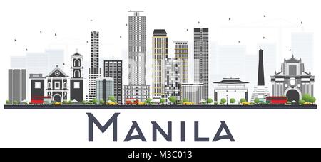 Manille Philippines Ville avec des bâtiments gris isolé sur fond blanc. Vector Illustration. Les voyages d'affaires et tourisme Concept. Illustration de Vecteur