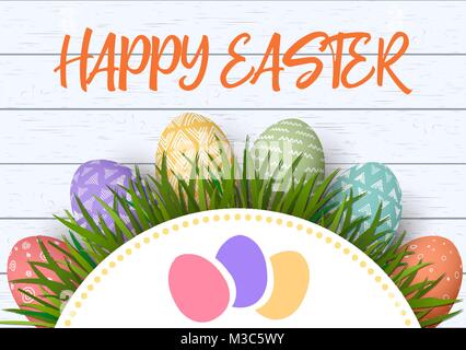 Joyeuses Pâques. Oeufs colorés de Pâques en ligne avec ornements simples abstraites en bois blanc. Contexte et cadre floral vecteur. Illustration de Vecteur