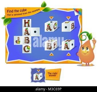 Jeu éducatif pour enfants, puzzle. développement de la pensée spatiale chez les enfants. Trouver le jeu de tâches cube qui est obtenu à partir de ce modèle Illustration de Vecteur
