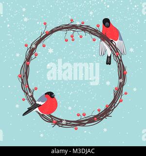 Couronne de Noël avec des flocons tomber et bullfinches Illustration de Vecteur