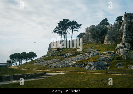 Mur et château de pierre en hiver sur une colline à Baiona, Galice Espagne Banque D'Images