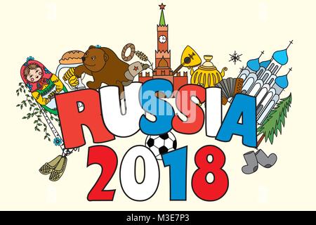 La Russie bannière 2018. Fédération de Russie, les symboles, les traditions russes et ball.Funny cartoon Vector illustration. Illustration de Vecteur