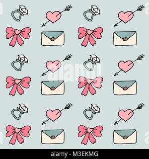 Symboles de l'amour schéma homogène. Hand drawn doodles Vector illustration. Peuvent être utilisés pour le scrapbooking, la mode, cartes de mariage, Valentine s day et o Illustration de Vecteur