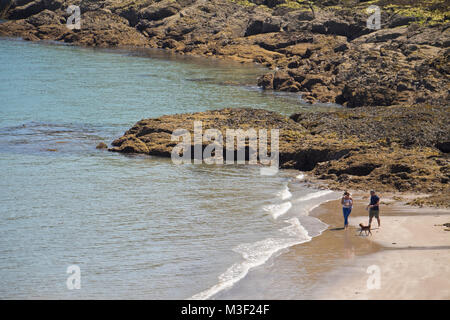 Deux personnes marcher leur chien à Rozel Bay, Jersey, Channel Islands, Royaume-Uni Banque D'Images