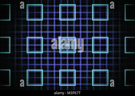Abstract fractal de haute technologie avec des carrés sur un cyan lumineux violet néon fond de grille Banque D'Images