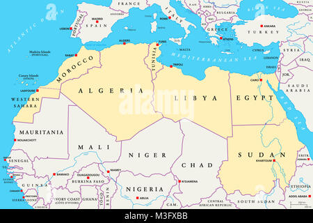 L'Afrique du Nord, une carte politique. Zone de couleur jaune, avec les capitales et les frontières. Terme collectif pour un groupe de pays méditerranéens. Banque D'Images