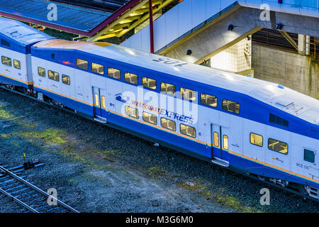 West Coast Express Train de banlieue, la Station Waterfront, Vancouver, Colombie-Britannique, Canada. Banque D'Images