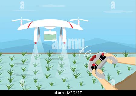 Fly Drone l'agriculture sur le paddy par télécommande, vector Illustration de Vecteur