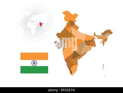 Carte de l'Inde avec des rivières et des lacs, le drapeau de l'Inde, carte du monde en arrière-plan. La carte se compose de cartes distinctes des états fédéraux et territoire de l'Union européenne Illustration de Vecteur