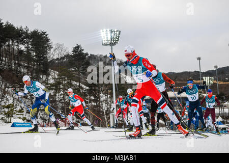11 février 2018 : Hans Christer Holund de Norvège, de Suède et de Daniel Rickardsson Andrew Musgrave de Grande-Bretagne à Men's 15km 15km Skiathlon aux jeux olympiques à l'Alpensia Pyeongchang, stade de cross-country, la Corée du Sud. Ulrik Pedersen/CSM Banque D'Images