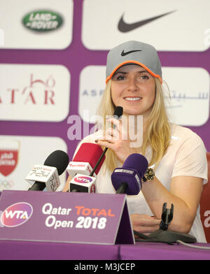 Doha, Qatar. Feb 11, 2018. Elina Svitolina de l'Ukraine participe à une conférence de presse avant les 2018 WTA Open du Qatar à Doha, Qatar, le 11 février 2018. Credit : Nikku/Xinhua/Alamy Live News Banque D'Images