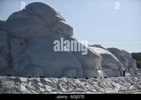 Shenyang, province de Liaoning en Chine. Feb 11, 2018. Photo prise le 11 février 2018 montre une sculpture de neige géantes avec les chiens à Shenyang, capitale de la province du Liaoning en Chine du nord-est, le 11 février 2018. Plus de 100 artistes de la sculpture a pris une semaine avec 60 000 mètres cubes de neige pour finir la sculpture, qui est de 120 mètres de long, 55,66 mètres de large et 20 mètres de hauteur. Source : Xinhua/Yulong Pan/Alamy Live News Banque D'Images