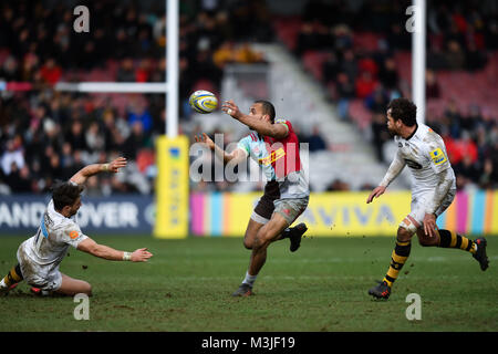 London, UK. 11 Février, 2018. Aaron Morris d'Aviva Premiership match Harlequins pendant entre Harlequins et les Wasps à Twickenham Stoop, le dimanche 11 février 2018. Londres en Angleterre. Credit : Taka Wu/Alamy Live News Banque D'Images