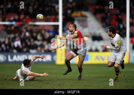 London, UK. 11 Février, 2018. Aaron Morris d'Aviva Premiership match Harlequins pendant entre Harlequins et les Wasps à Twickenham Stoop, le dimanche 11 février 2018. Londres en Angleterre. Credit : Taka Wu/Alamy Live News Banque D'Images