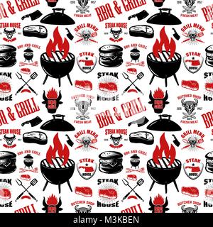 Modèle sans couture avec steak house de symboles. Grill, barbecue, viande fraîche. L'élément de conception pour poster, menu, flyer, bannière, menu, paquet. Vector illustration Illustration de Vecteur