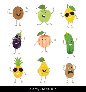 Drôle de fruits et légumes avec des coups de mains des yeux et émotions set Illustration de Vecteur