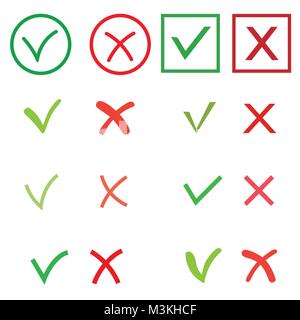 Tique et les signes. OK coche verte et rouge X icônes, isolé sur fond blanc. Forme du cercle bouton oui et non des symboles pour vote, décision, web. Vector illustration Illustration de Vecteur