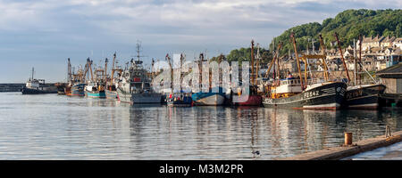 PENZANCE, CORNWALLL, Royaume-Uni - 09 JUIN 2009 : vue panoramique des chalutiers amarrés sur le quai de Newlyn Harbour Banque D'Images