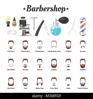 Vector cartoon style illustration de barbershop tools ; sèche-cheveux, peignes et vintage président, isolé sur fond blanc. Ensemble de façon différente de l'homme Illustration de Vecteur