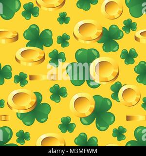 Motif transparent vecteur avec pièces d'or et shamrock sur fond jaune. Le jour de la saint Patrick l'ornement. Illustration de Vecteur