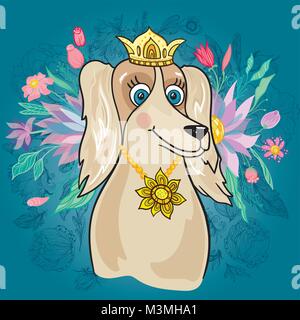 Caractère Girly avec couronne d'or et bijoux pendentif tournesol sur fond turquoise offres Illustration de Vecteur