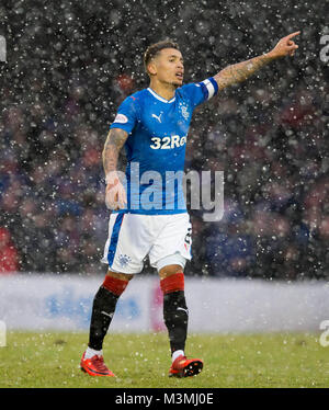 Rangers James Tavernier comme neige tombe pendant la coupe d'Écosse William Hill, cinquième match rond à Somerset Park, Ayr. APPUYEZ SUR ASSOCIATION photo. Date de la photo: Dimanche 11 février 2018. Voir PA Story FOOTBALL Celtic. Le crédit photo devrait se lire : Jeff Holmes/PA Wire. Banque D'Images