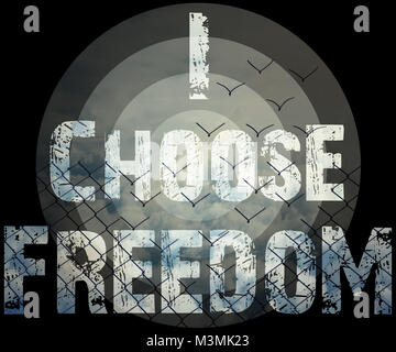 Je choisis la liberté, inspiré du texte sur fond de grillage métallique, se transformer en battant les oiseaux dans le ciel. Banque D'Images
