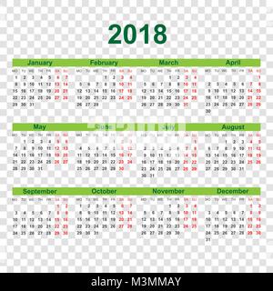 L'année 2018 du calendrier dans un style simple. Planificateur de calendrier modèle. Semaine commence le lundi. Vector illustration d'entreprise. Illustration de Vecteur